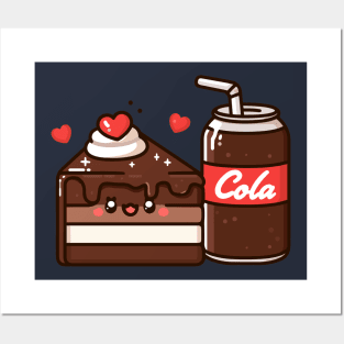 Kawaii Chocolate Cake and Cola Drink Kawaii Cute Food Illustration | cutesy Design Posters and Art